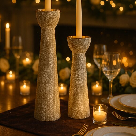 NWOT Set of 2 Luxury Champagne Beaded Ceramic Decorative Candle Holders - Picture 3 of 16